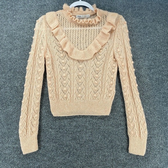 Zara Sweaters - ZARA Sweater Womens S Beige Ruffle Neck Lightweight Victorian Feminine‎ Cottage